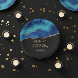 Elegant Blue Gold Abstract Marble Design ペーパープレート