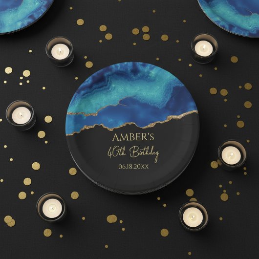 Elegant Blue Gold Abstract Marble Design ペーパープレート