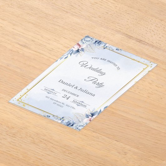 Elegant Blue & Gold Acrylic Wedding Invitation アクリル招待状 (レイダウン)