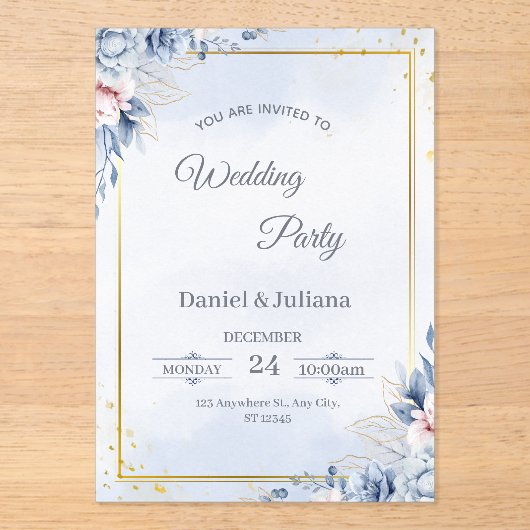 Elegant Blue & Gold Acrylic Wedding Invitation アクリル招待状 (正面)