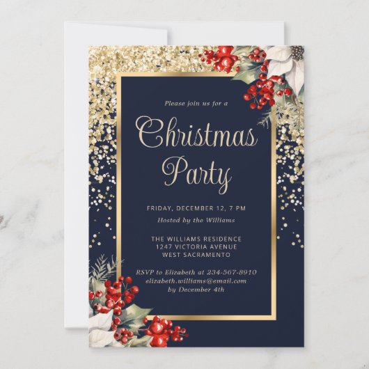 Elegant Blue Gold Botanical Christmas Party 招待状 (正面)