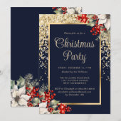 Elegant Blue Gold Botanical Christmas Party 招待状 (正面/裏面)