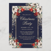 Elegant Blue Gold Botanical Christmas Party 招待状 (正面/裏面)