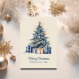 Elegant Blue & Gold Christmas Tree Card シーズンカード