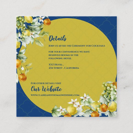 Elegant Blue Gold Citrus Floral Wedding Details エンクロージャーカード (正面)