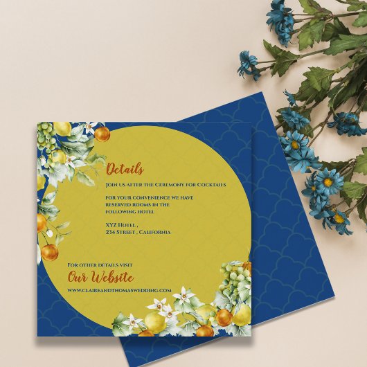 Elegant Blue Gold Citrus Floral Wedding Details エンクロージャーカード