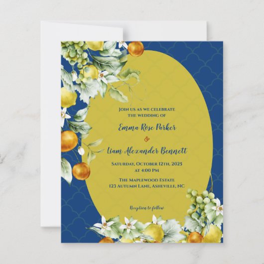 Elegant Blue Gold Citrus Floral Wedding Invitation (正面)