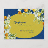 Elegant Blue Gold Citrus Floral Wedding Thank You ポストカード (正面)