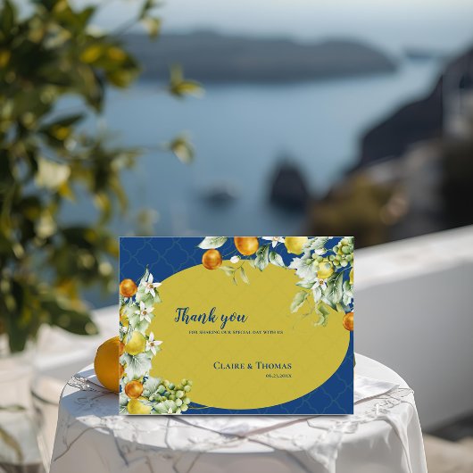 Elegant Blue Gold Citrus Floral Wedding Thank You ポストカード
