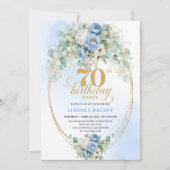Elegant Blue Gold Floral 70th Birthday Invitation 招待状 (正面)