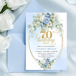 Elegant Blue Gold Floral 70th Birthday Invitation 招待状