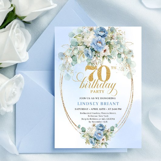 Elegant Blue Gold Floral 70th Birthday Invitation 招待状