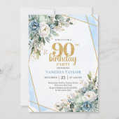 Elegant Blue Gold Floral 90th Birthday Party Card 招待状 (正面)