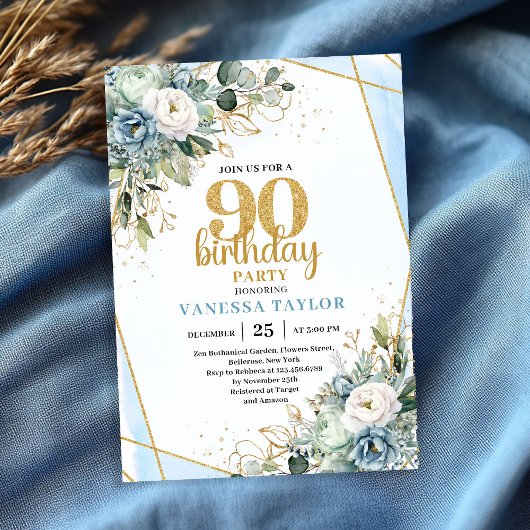Elegant Blue Gold Floral 90th Birthday Party Card 招待状