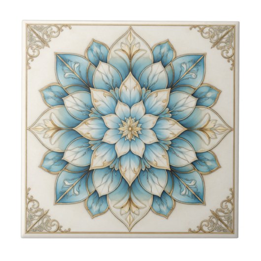 Elegant Blue Gold Floral Mandala Ceramic Tile タイル (正面)
