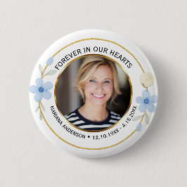 Elegant Blue & Gold Floral Memorial Photo 缶バッジ