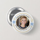 Elegant Blue & Gold Floral Memorial Photo 缶バッジ (正面&裏面)