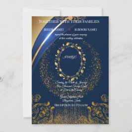 Elegant Blue & Gold Floral Wedding Invitation 招待状