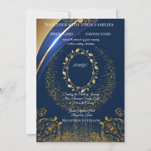 Elegant Blue & Gold Floral Wedding Invitation 招待状 (正面)
