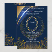 Elegant Blue & Gold Floral Wedding Invitation 招待状 (正面/裏面)