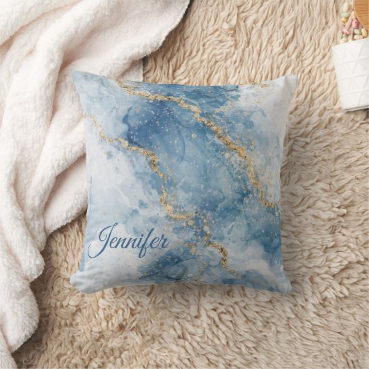 Elegant Blue Gold Glitter Abstract Flow            クッション (ブランケット)