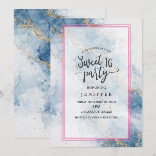 Elegant Blue Gold Glitter Abstract Flow            招待状 (正面/裏面)