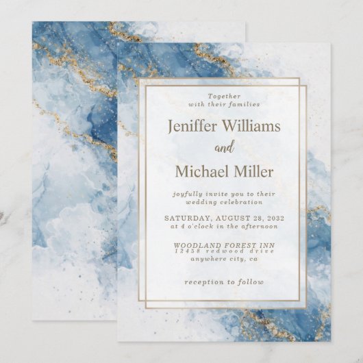 Elegant Blue Gold Glitter Abstract Flow            招待状 (正面/裏面)