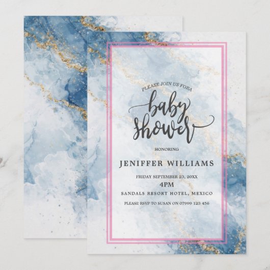 Elegant Blue Gold Glitter Abstract Flow            招待状 (正面/裏面)