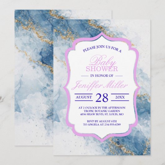 Elegant Blue Gold Glitter Abstract Flow            招待状 (正面/裏面)