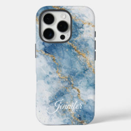 Elegant Blue Gold Glitter Abstract Flow            iPhone 16 Proケース