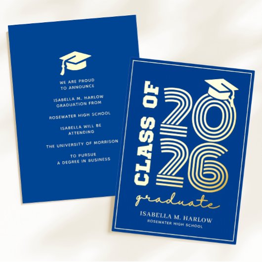 Elegant Blue Gold Graduation YY Announcement 箔招待状