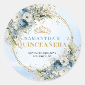 Elegant Blue Gold Greenery Quinceañera Favor Stick ラウンドシール (正面)