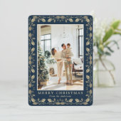 Elegant Blue Gold Holly Photo Merry Christmas Card シーズンカード (スタンド正面)