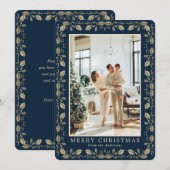 Elegant Blue Gold Holly Photo Merry Christmas Card シーズンカード (正面/裏面)