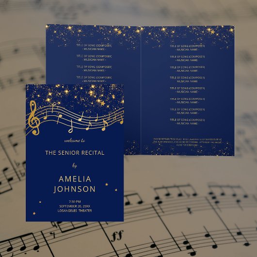 Elegant Blue Gold Music Senior Recital Program 招待状