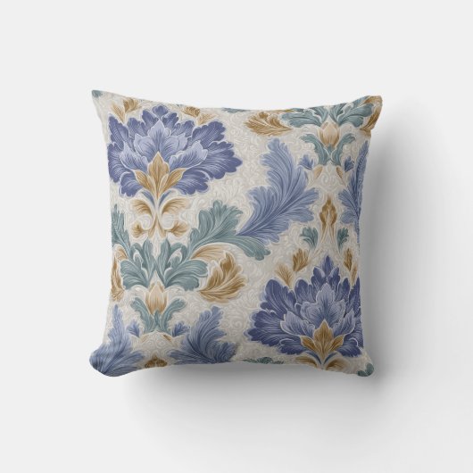 Elegant Blue & Gold Ornamental Floral Throw Pillow クッション (正面)