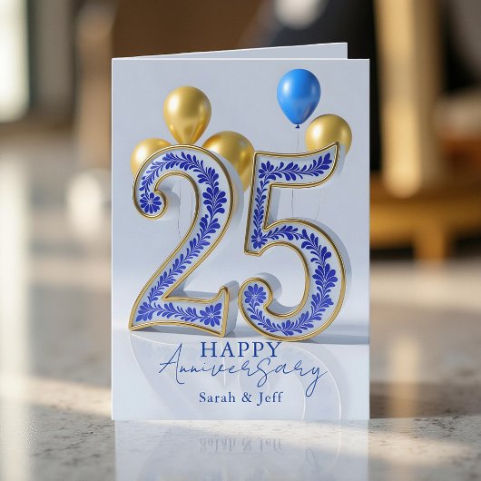 Elegant Blue Gold Ornate 25th Wedding Anniversary カード
