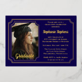 Elegant Blue & Gold Photo Graduation Party  箔招待状 (正面)