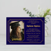 Elegant Blue & Gold Photo Graduation Party  箔招待状 (立ち正面)
