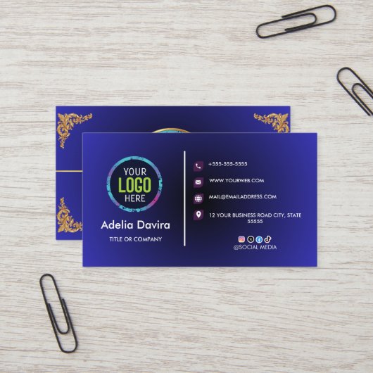 Elegant Blue Gold Professional Business Card 名刺 (正面/裏面インサイチュ)
