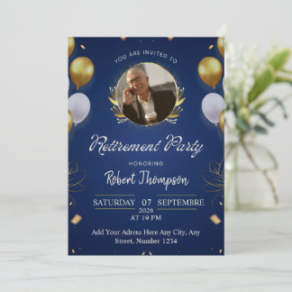Elegant Blue Gold Retirement Party Invitation 招待状
