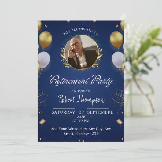Elegant Blue Gold Retirement Party Invitation 招待状 (スタンド正面)