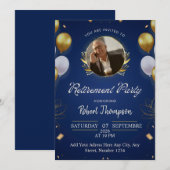 Elegant Blue Gold Retirement Party Invitation 招待状 (正面/裏面)