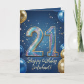 Elegant Blue Gold Sparkly Balloons 21st Birthday カード (正面)