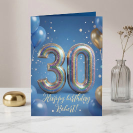 Elegant Blue Gold Sparkly Balloons 30th Birthday カード