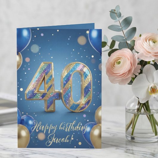 Elegant Blue Gold Sparkly Balloons 40th Birthday カード
