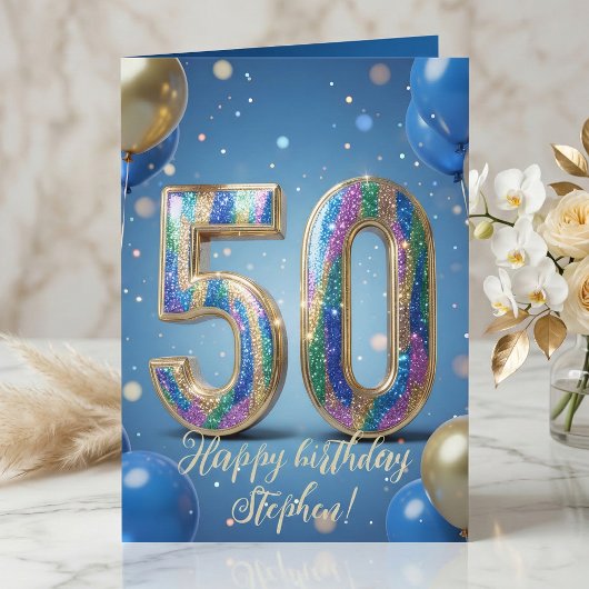 Elegant Blue Gold Sparkly Balloons 50th Birthday カード