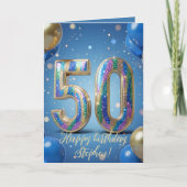Elegant Blue Gold Sparkly Balloons 50th Birthday カード (正面)