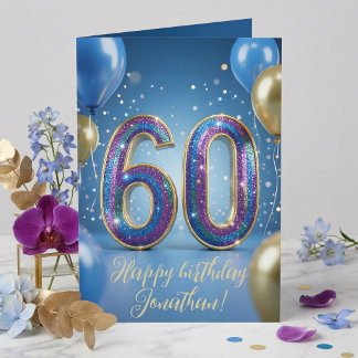 Elegant Blue Gold Sparkly Balloons 60th Birthday カード