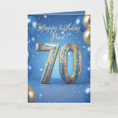 Elegant Blue Gold Sparkly Balloons 70th Birthday カード (正面)